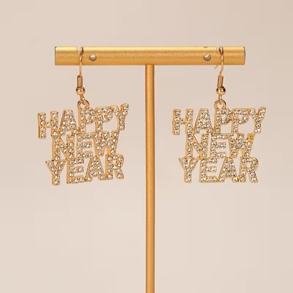 NEW Gold Happy New Year Earrings Crystal Rhinestones - Picture 1 of 5